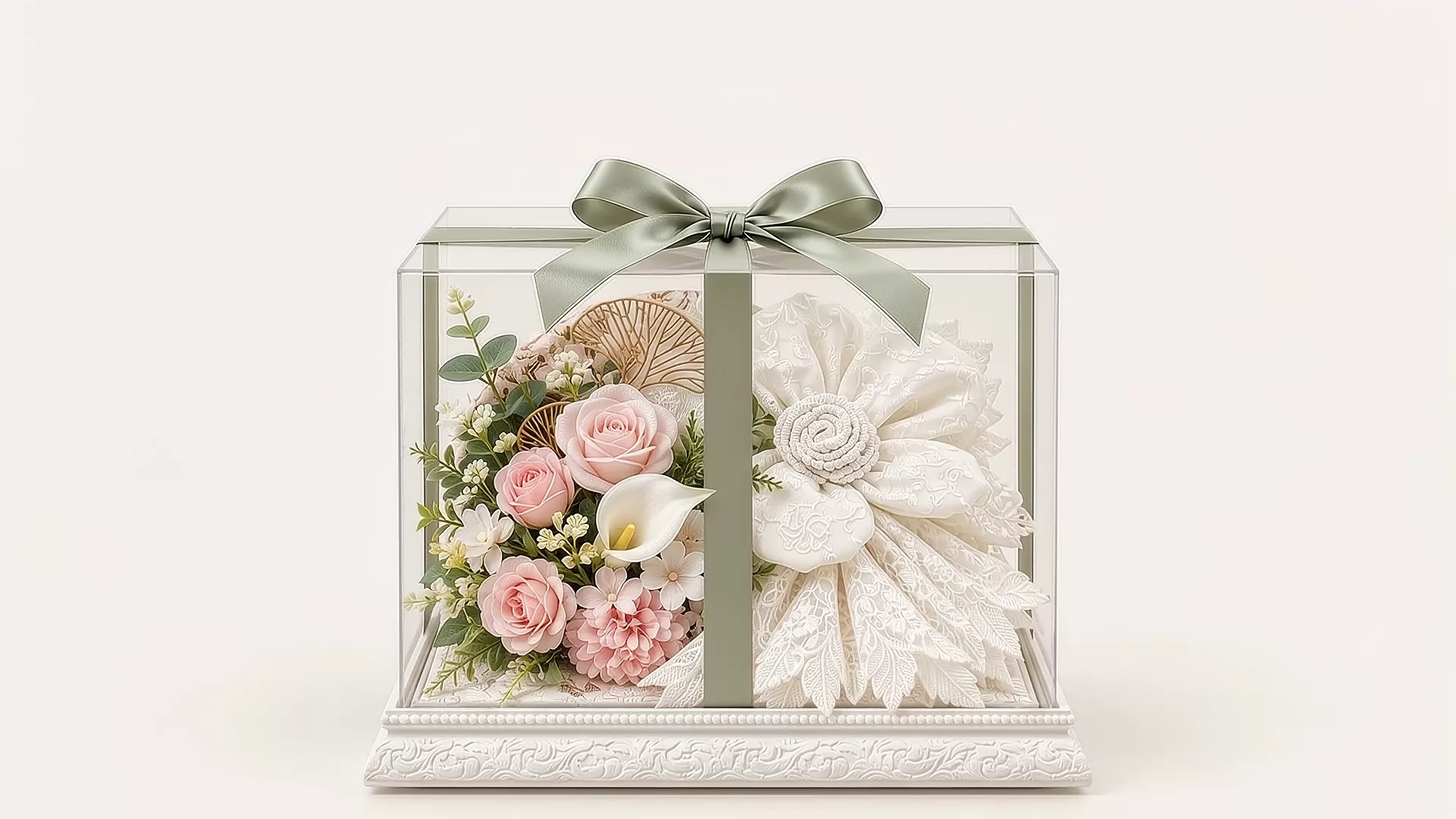 Hantaran berisi mawar blush dan kain renda putih di atas nampan ukir putih, dengan pita sage